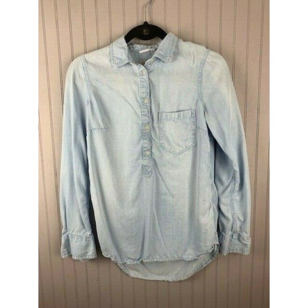 Merona Size XS Womens Chambray Tunic Top Long Sleeve Blue Button Front